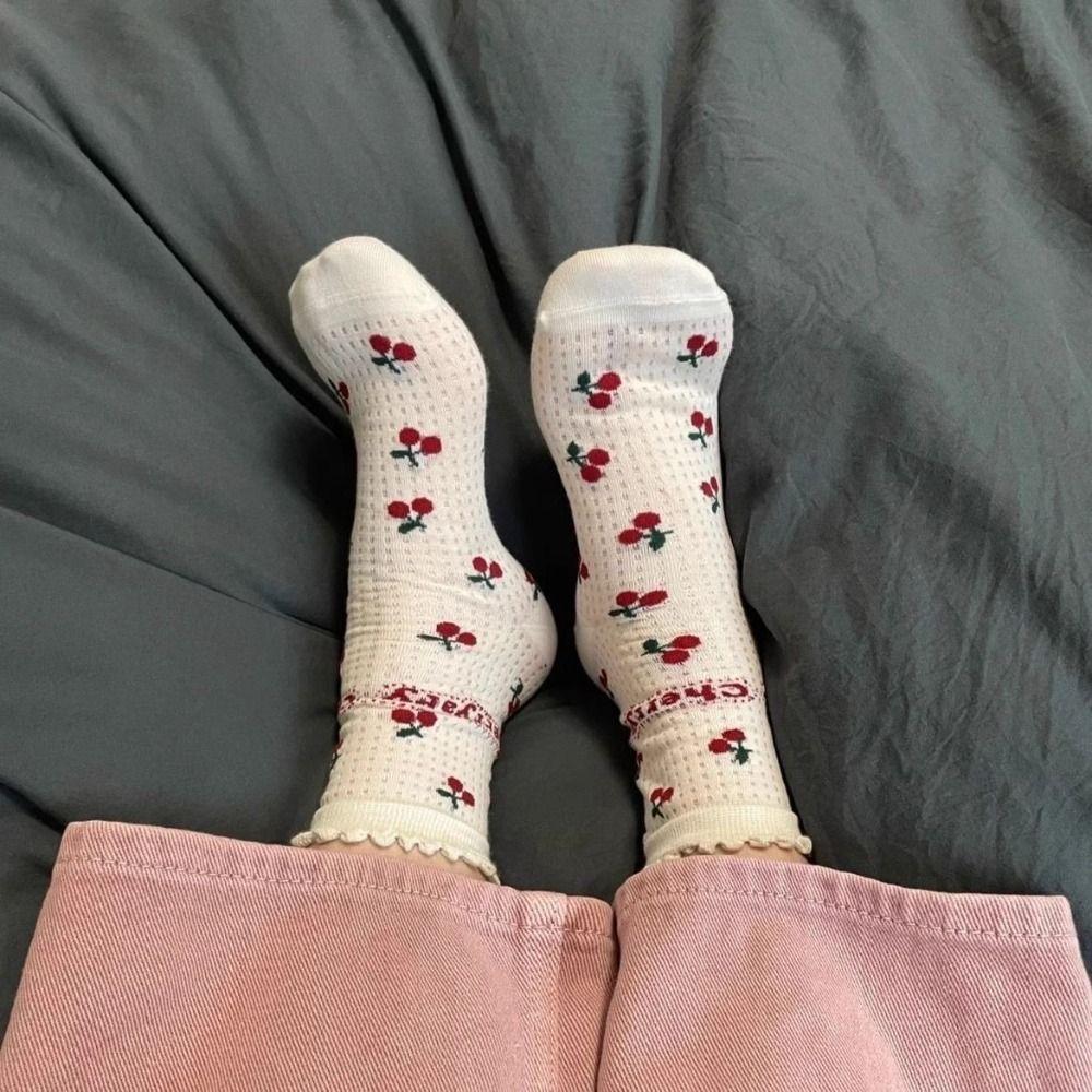 Hollow Out Cherry Short Socks Ruffle Summer Tube Socks Fashion Mesh Ankle Socks Streetwear
