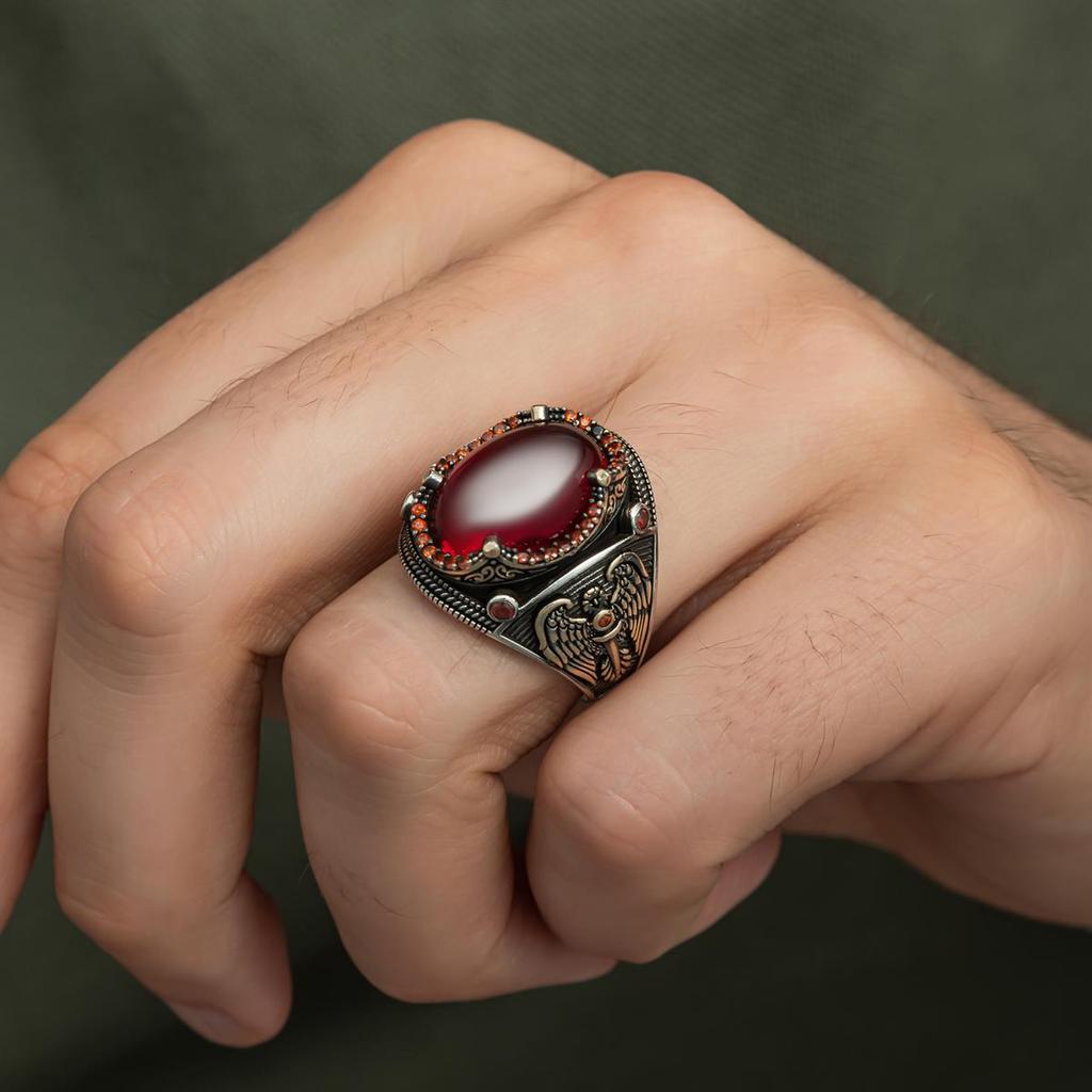 Exquisite 925 Sterling Silver Ruby Men's Ring – Timeless Elegance and Rich Hues - Turkish Handcraft Silver Men Ring