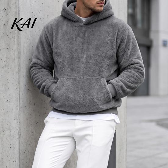 Soft Velvet Hooded Sweatshirt Men Plush Hoodie, Teddy Fleece Pullover with Kangaroo Pocket, Loose Warm Autumn Winter Apparel Fit Fuzzy Jumper