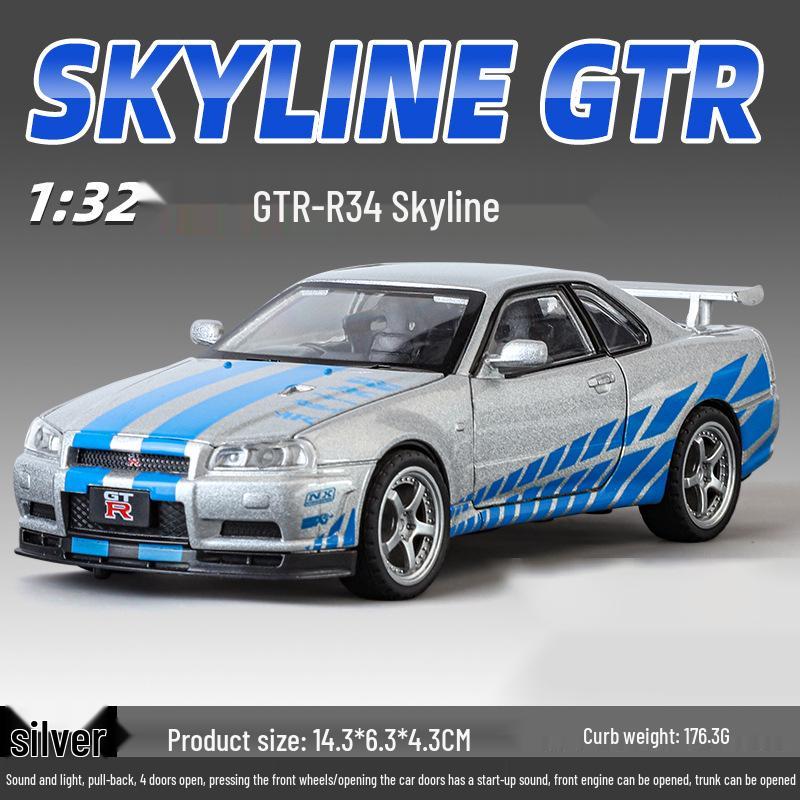 1:32 GTR R34 Low-Rider Sports Car Model with Opening Doors, Four-Wheel Suspension, Alloy Build, Sound and Light, Pull-Back Simulation
