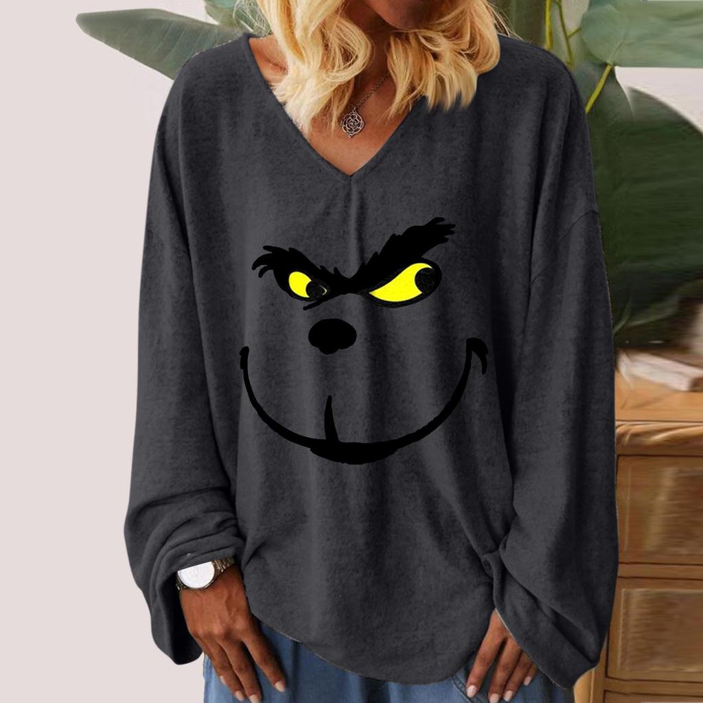 Женская свободная футболка с v-образным вырезом и рождественским принтом, длинными рукавами, топы с прямыми рукавами для женщин