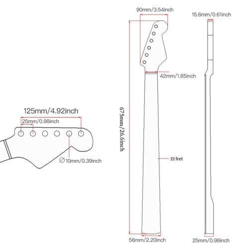 YUAXIA 10-Piece 22-Fret Electric Guitar Neck, 26.6-Inch, Canadian Maple, Replacement Neck Parts, Electronic Rubbers