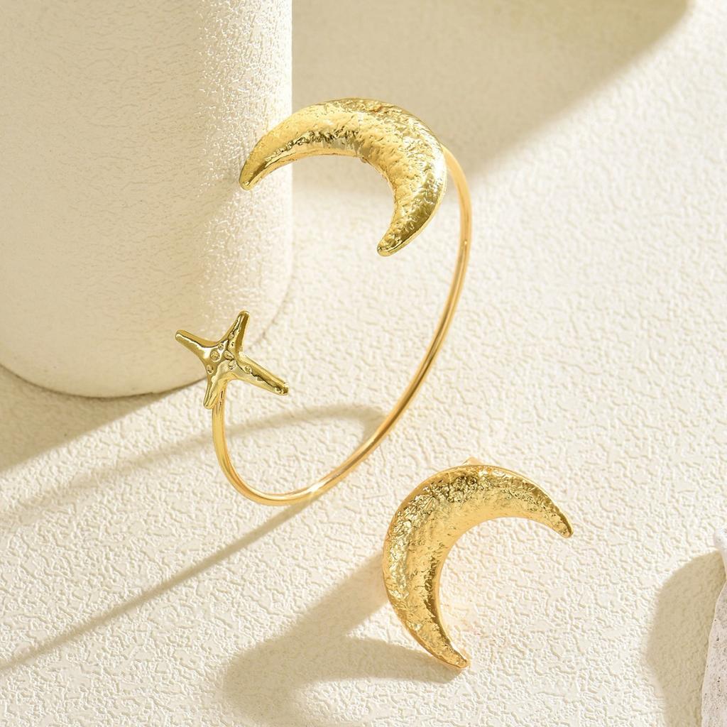Geometric Moon Metal Open Bracelet Ring Set Women European American High End Niche Jewelry Gift