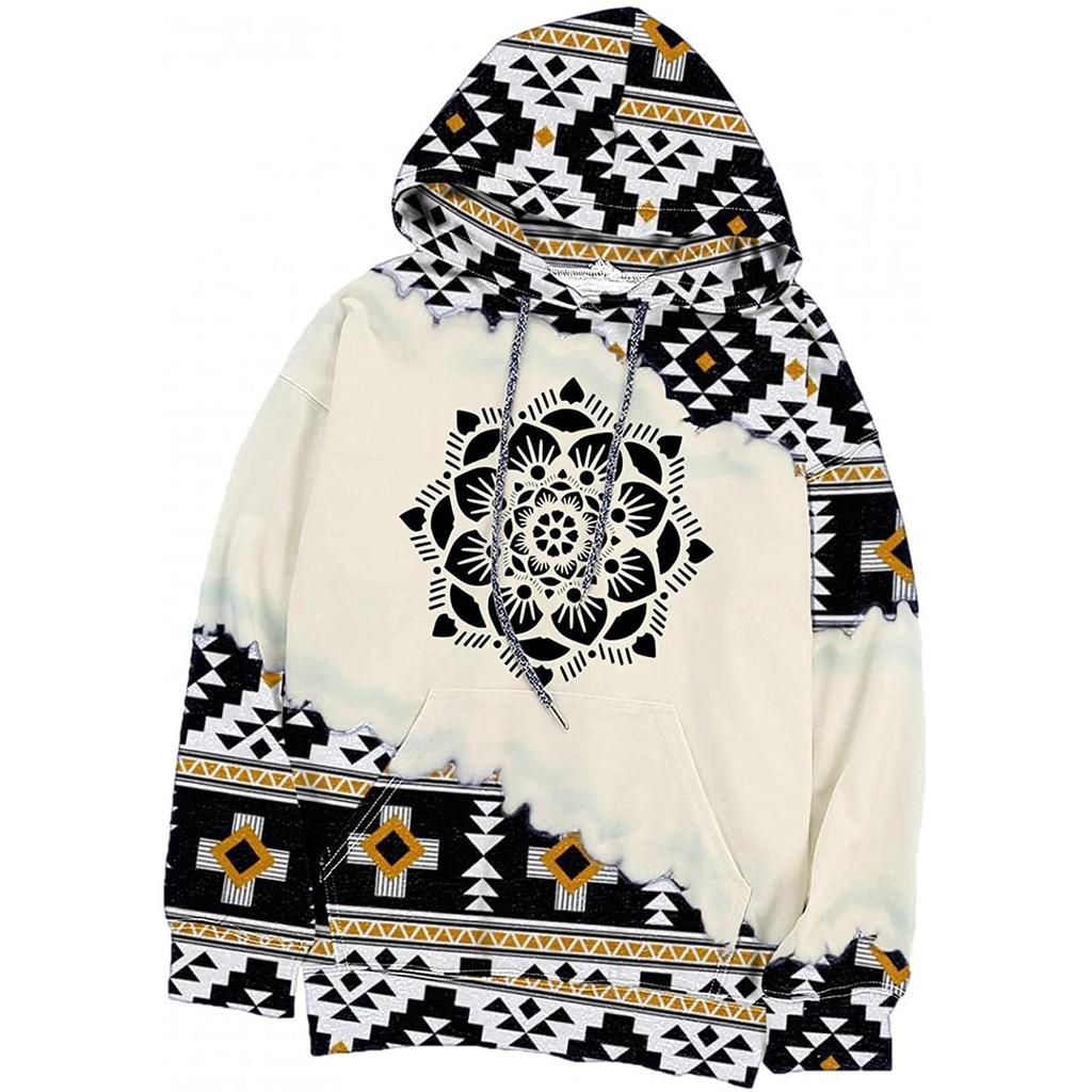 Women's Aztec Hoodie Geometric Pattern Long Sleeve Colour Block Pullover Drawstring Sweatshirt