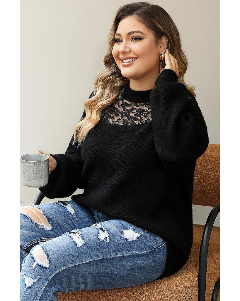Azura Exchange Black Plus Size Ribbed Knit Lace Splicing High Neck Sweater