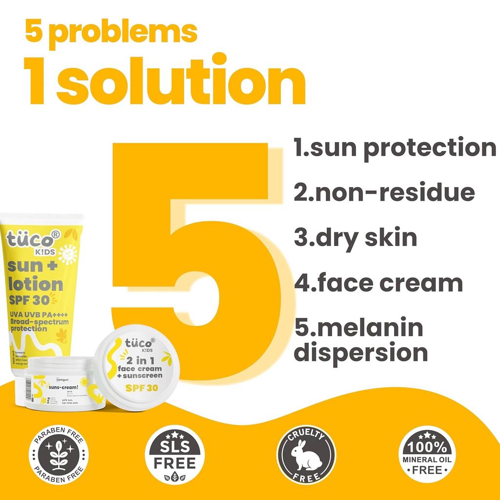 Детский солнцезащитный лосьон Tuco® (100мл) & Солнцезащитный крем (50 г) | SPF 30UVA/UVB PA++++ | Широкий спектр | Возраст 2-5, 5-10, 10-15 | 150 г |