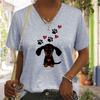 Cute Dog Print T-shirt, Short Sleeve V Neck Casual Top For Summer & Spring, Women's Clothing