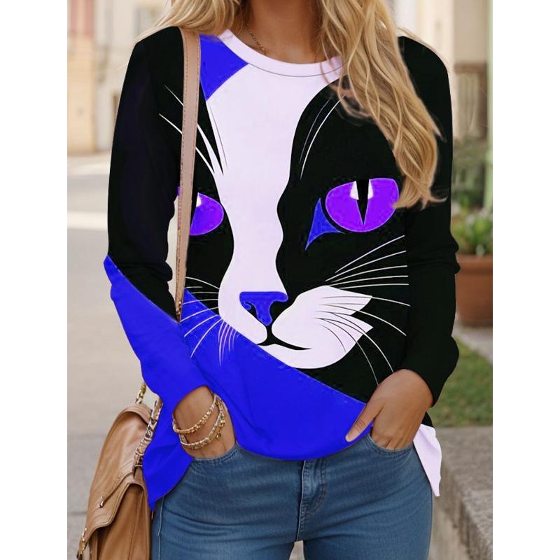 Women's T Shirts 3D Print Art Design Cat Pattern Long Sleeve Daily Weekend Fashion Funny Round Neck Regular Fit Spring Fall