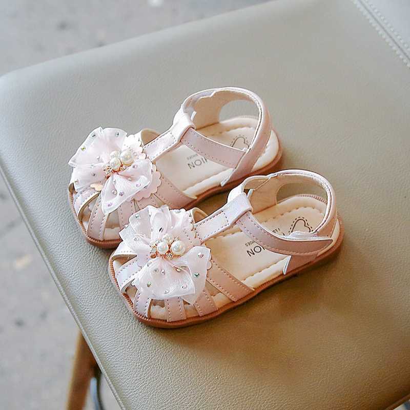 Летние детские удобные модные уличные пляжные туфли в пасторальном стиле с жемчужной сеткой и бантом, с мягкой подошвой, летние сандалии