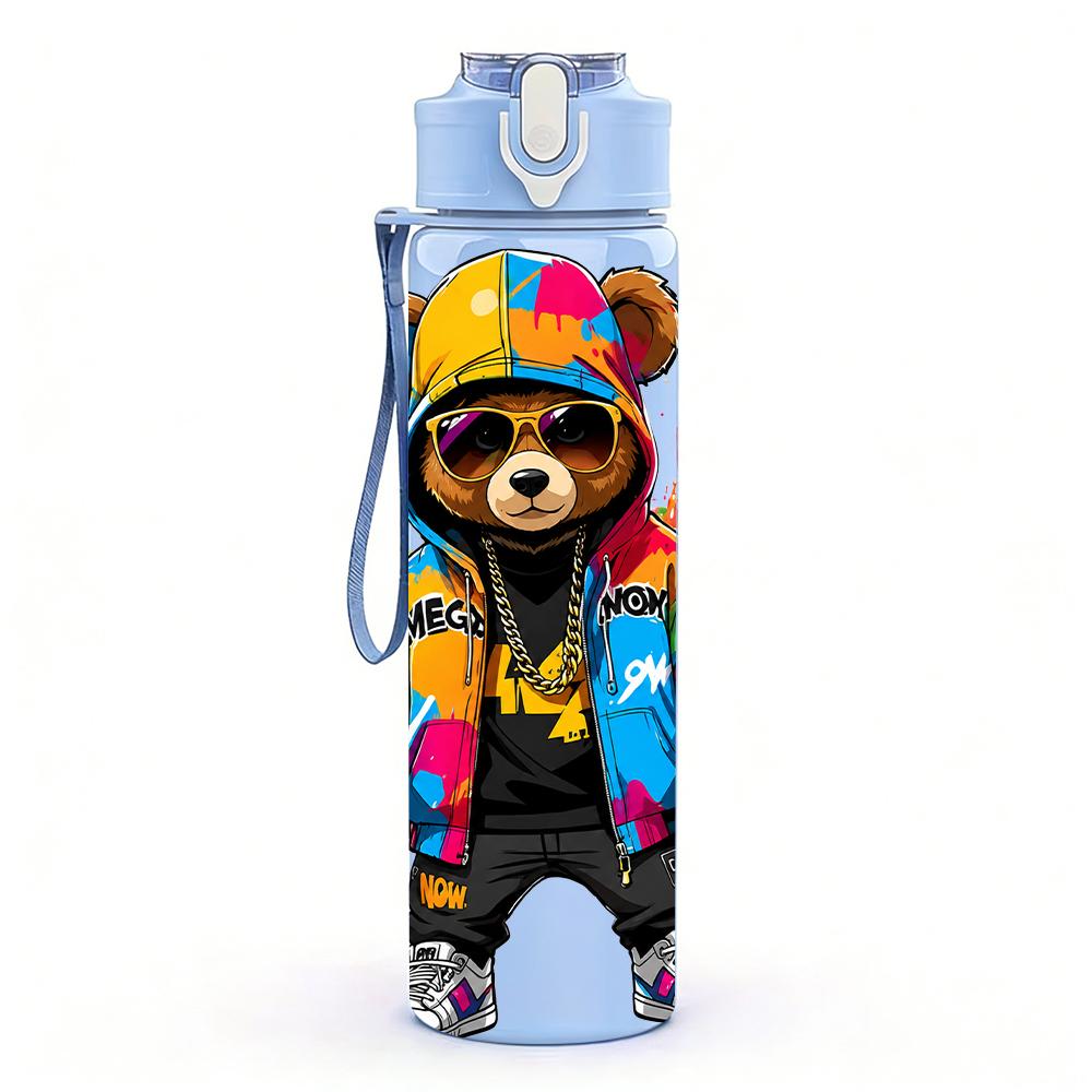 1PC Streetwear Bear Splash Color Figure 750ml Color Plastic Water Bottle Leakproof Flip Straw Lid For Sports Office Home Use