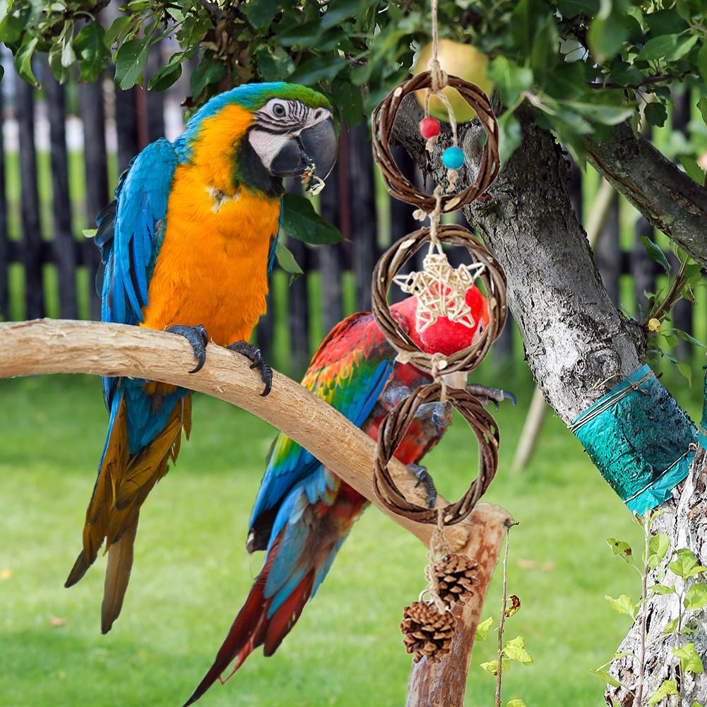 Wood Bird Swing Stand Bird Perch Ring, Applewood Circle Straw Parrot Perches Stand Hanging, Birds Chewing Toy For Parrots Cockatiel, Climbing Rope Net