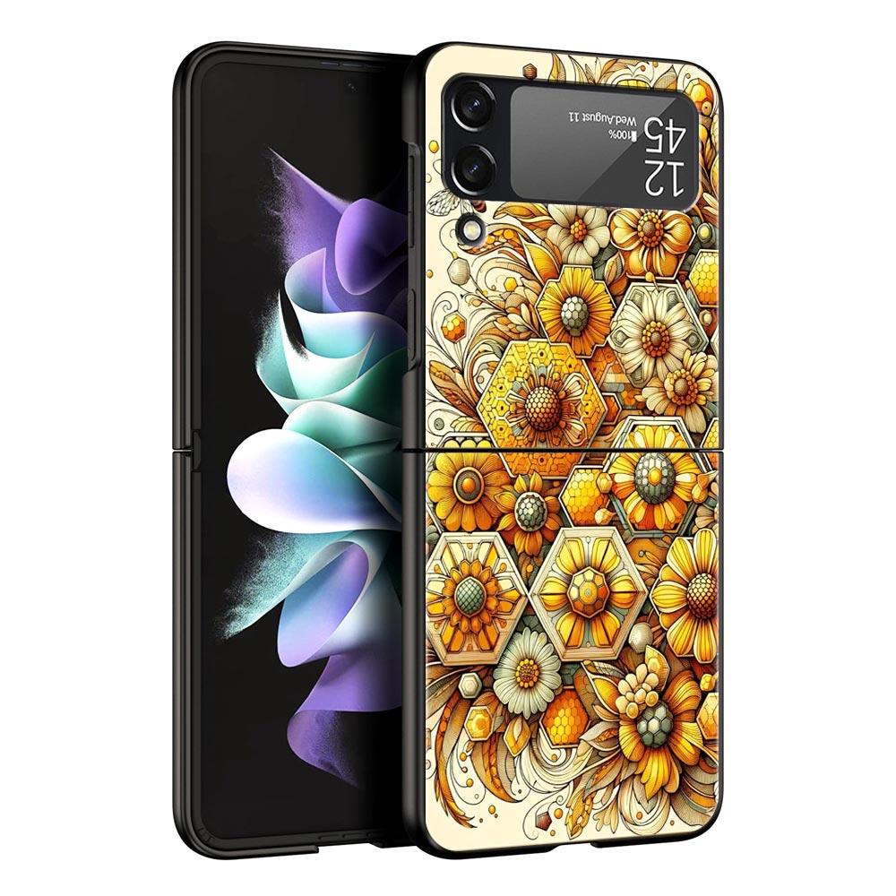 Honeybee Flower Pattern Hard PC Phone Case For Samsung Galaxy Z Flip 7 6 5 4 Black Cover For Galaxy Z Flip 3 Foldable Fundas Bag
