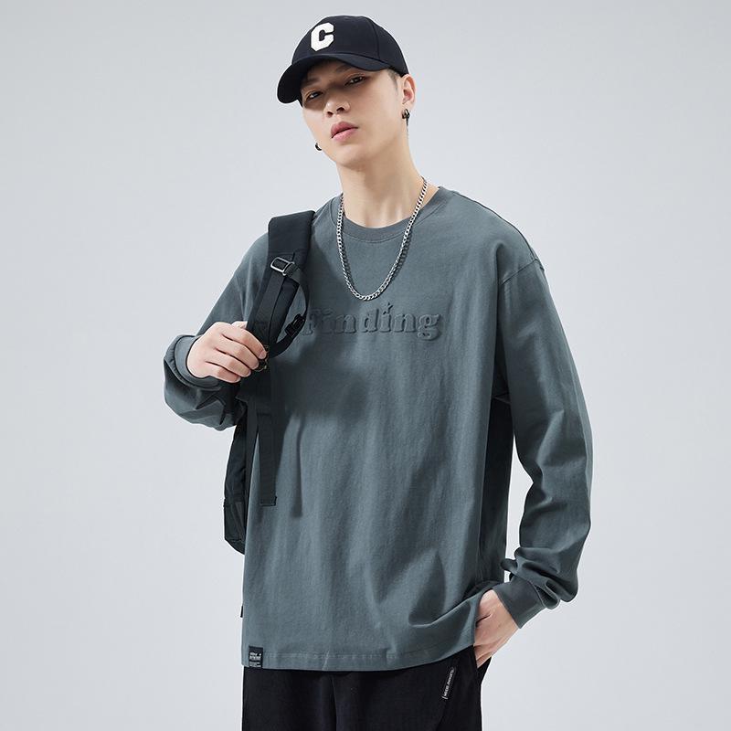 Мужская футболка с длинным рукавом из плотного хлопка - Белая, круглый вырез, стальной принт, свободный крой, осенняя коллекция