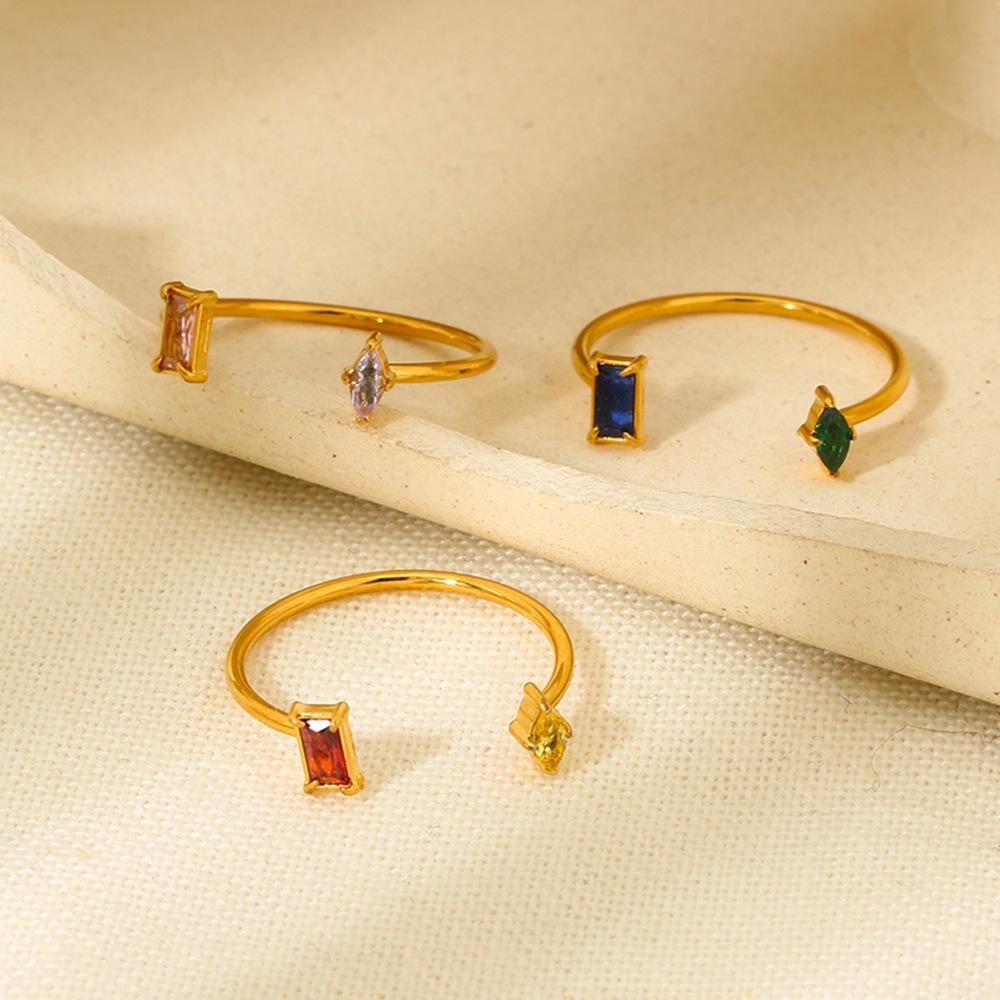 ins light luxury rhombus square two-color zircon open ring 18K gold stainless steel design jewelry women