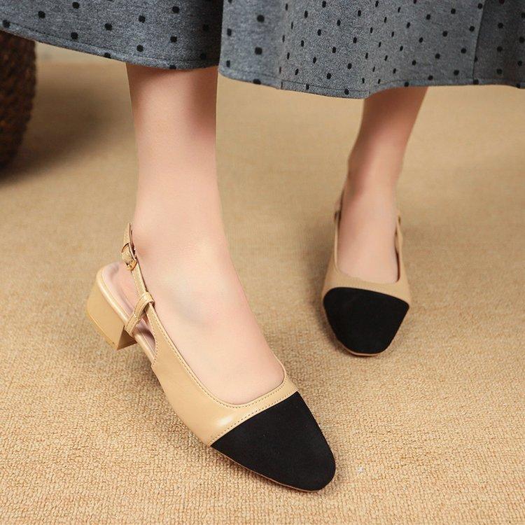 Большого размера, сочетающиеся по цвету, сандалии на низком каблуке в стиле маленького ароматного ветра, женские сандалии на толстом каблуке из наклейной кожи с открытой пяткой и плоским каблуком, ретро женская обувь lo