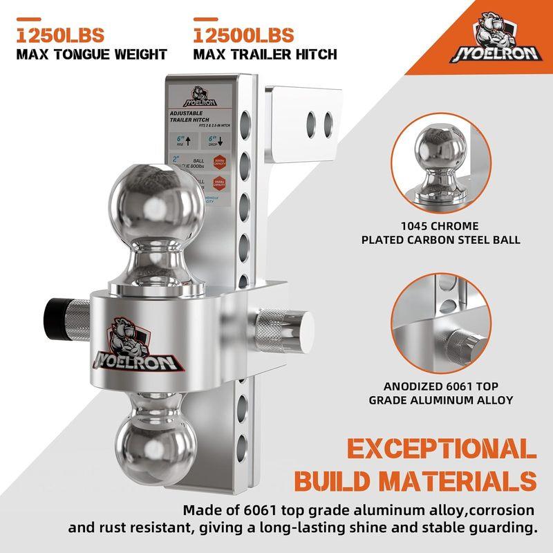 Adjustable Aluminum Trailer Hitch Ball Mount for 2" Receiver with 8" Drop/Rise, Dual Balls, 12.5K GTW