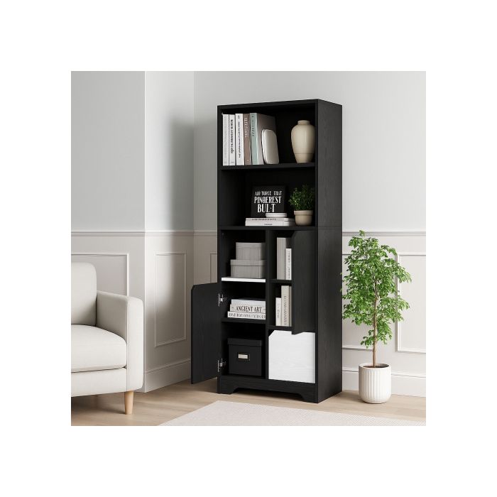Bibliothèque multifonctionnelle - MUVOE - 60x35x160 cm - Noir et blanc - Étagères ouvertes - Portes et tiroirs