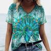 Fashion V-neck Women T-Shirt 3D Peacock Feather Graphic Short Sleeve Tees Oversized Y2k Tops Summer Street Casual Female T Shirt