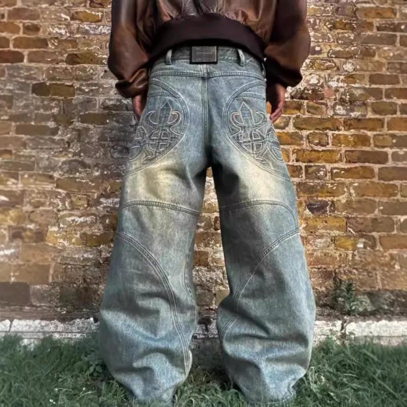 Mens Black Washed Denim Jeans Straight Fit Loose Hip Hop Streetwear Casual Wide Leg Pants