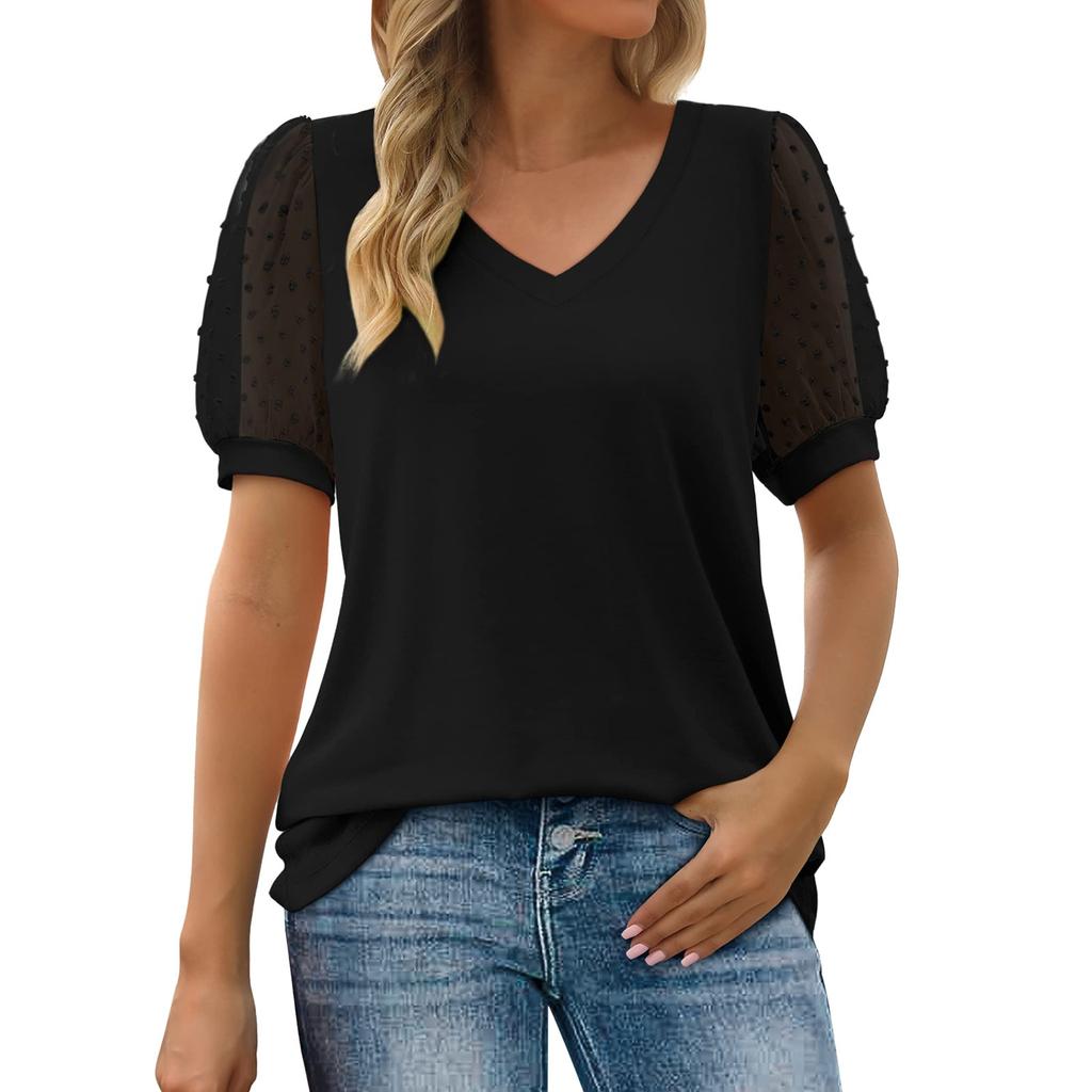 Женские повседневные свободные рубашки с v-образным вырезом и короткими рукавами, топы с пышными рукавами, футболки