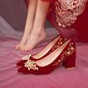 Fashion Spring and Autumn New Women's Wedding High Heels Red Pearl Pointed Shallow Mouth Thick Heels Wedding Banquet High Heels Pumps