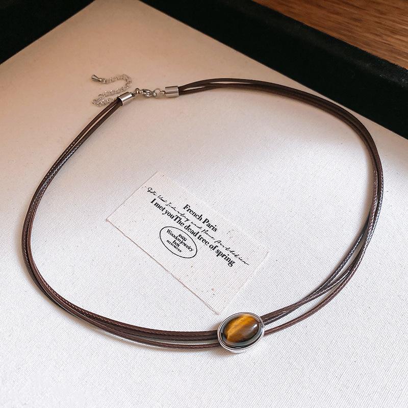 Ожерелье из круглого камня тигровый глаз в стиле ретро с цветком, высококачественная цепочка для свитера, легкая роскошь, нишевые аксессуары для толстовок