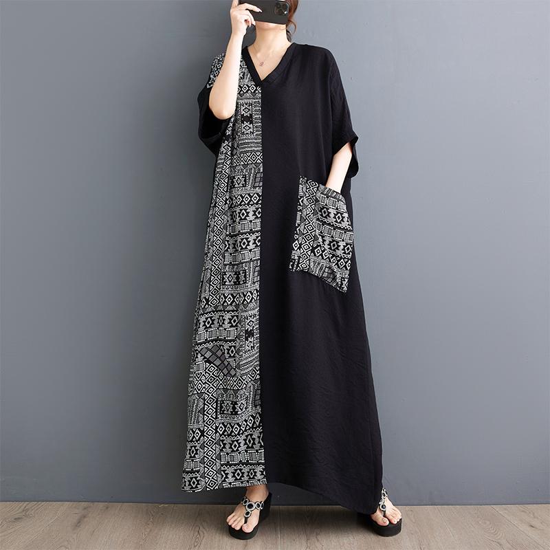 Plus Size Dress New Summer Holiday Basic Women V-Neck Loose Short Sleeve Vintage Long Spliced Dress