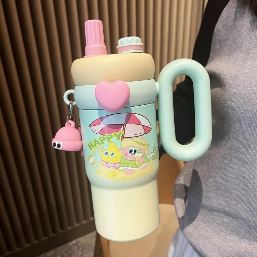 800ml Cartoon Doll Straw Thermos Cup Stainless Steel Insulated Water Cup Office