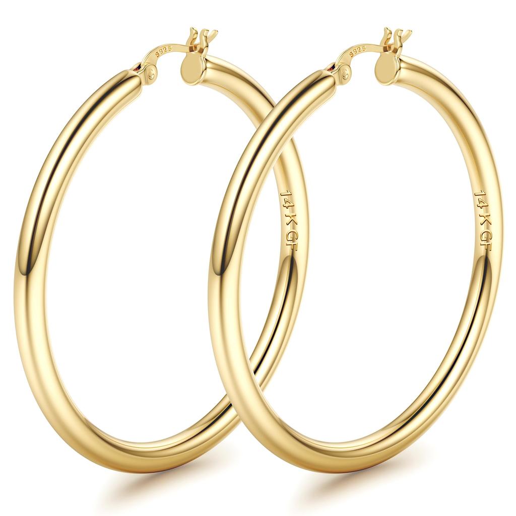 14K Chunky Gold Plated Hoop Earrings for Women 925 Sterling Silver Post Hollow Tube Hoops Earrings 4mm Thick Hoop Earrings Hypoallergenic