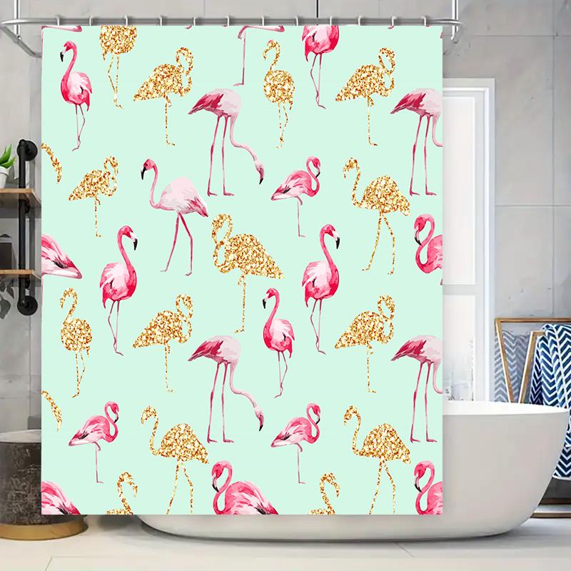 Vibrant Pink Flamingo Shower Curtain for Bathroom Decor Waterproof Fabric with Golden Sparkle Pattern Size 72x84 Inches