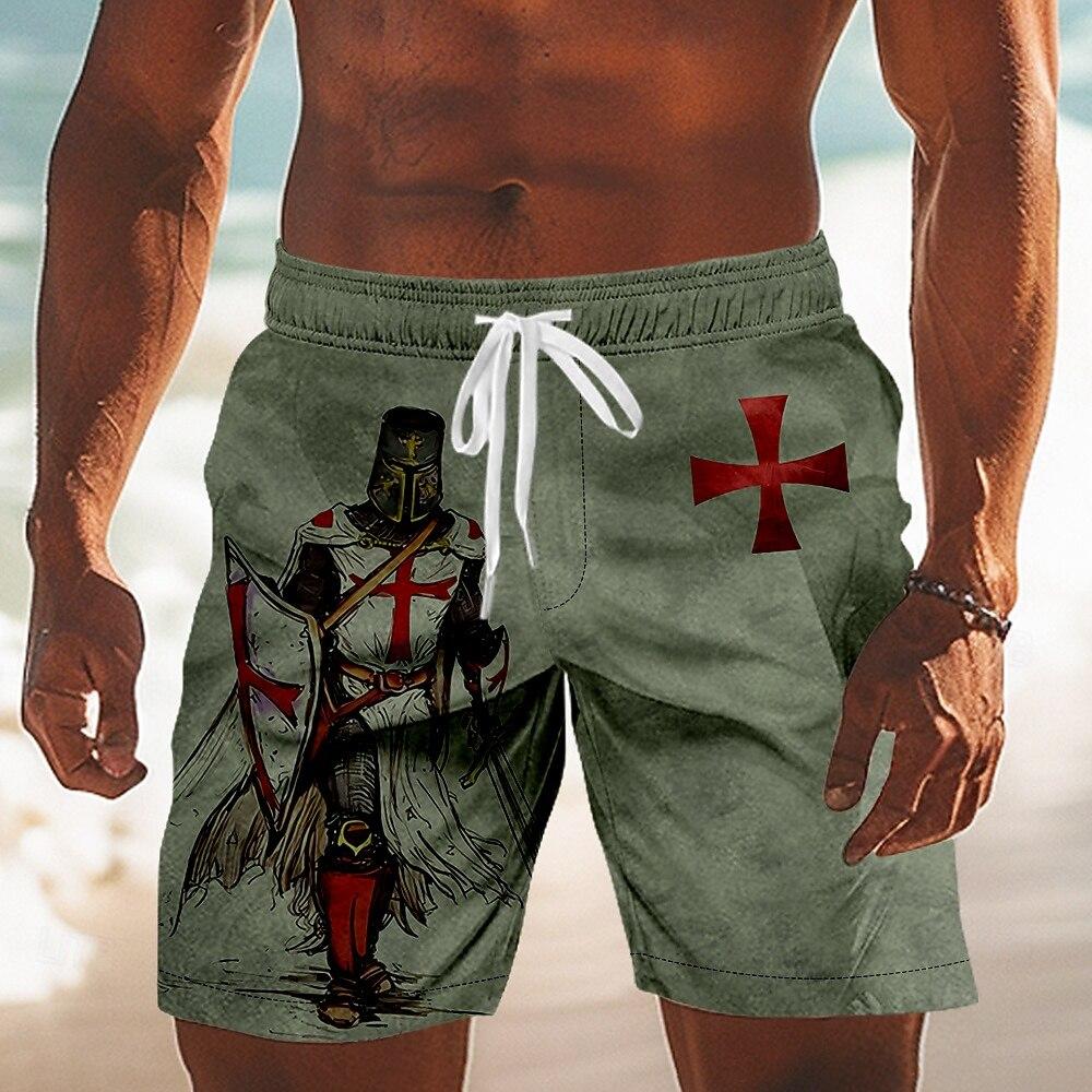 Men's Templar Cross Retro Shorts Mid Waist Vintage Outdoor Daily Drawstring Waist Side Pockets Fashion Shorts for Spring Summer
