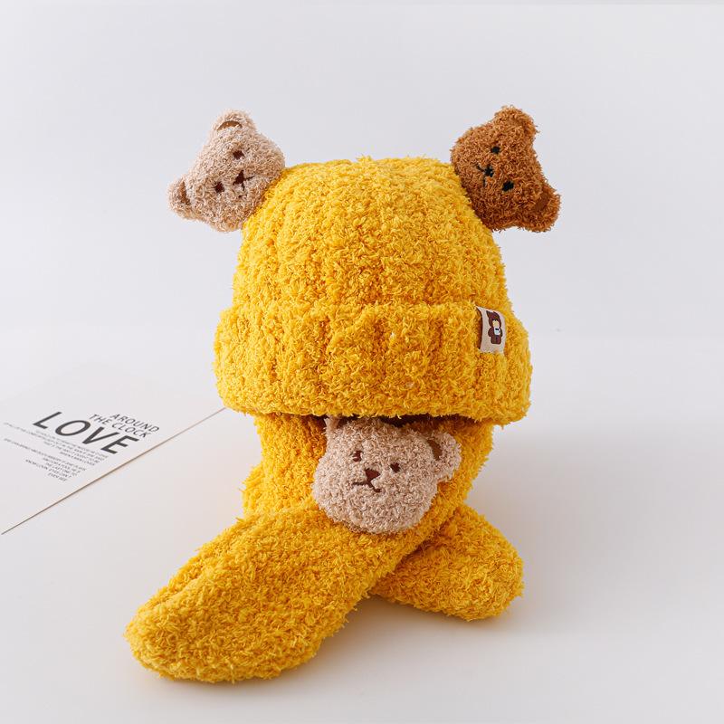 Children's Warm Bear Scarf Knitted Hat Autumn/Winter Girls' Two-piece Set with Fleece Hat