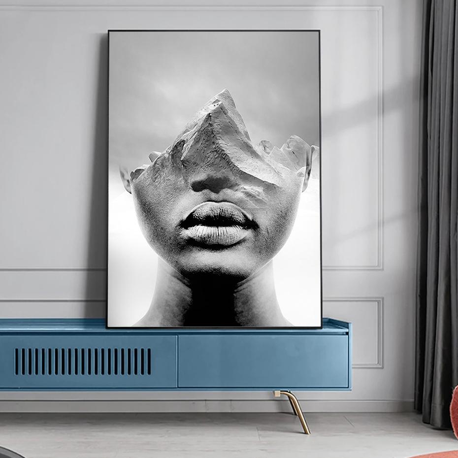 Абстрактная черно-белая картина на холсте «Гора и женщина», винтажный принт, металлические знаки, сюрреализм, постер, домашний декор для гостиной