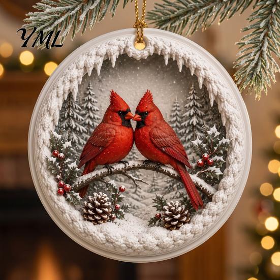 Acrylic Christmas Ornaments 2 Pcs Red Bird Ornaments, 2D Round Snowy Scene Reusable Winter Window Decor Xmas Tree Hanging Decoration for Tree, Holiday