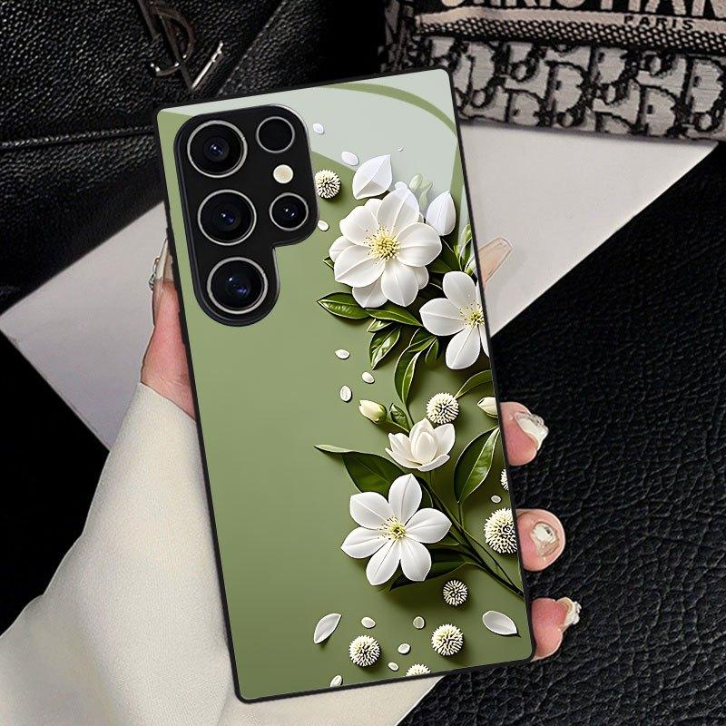 Стеклянный чехол для телефона с узором из белых цветов, подходит для Samsung Galaxy S26 S25 S24 S23 S22 S20 FE/Ultra/Plus, пылезащитный и ударопрочный