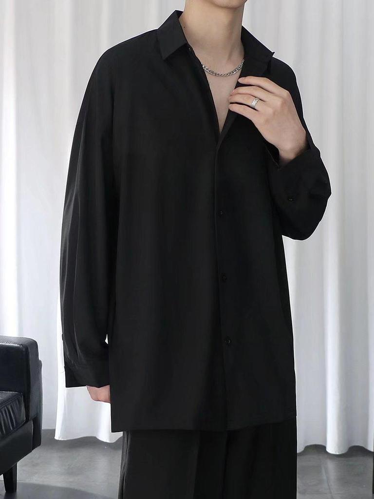 Men's Black Loose-Fit Long Sleeve Shirt - Trendy Spring/Summer/Autumn Casual Wear with Ice Silk Comfort