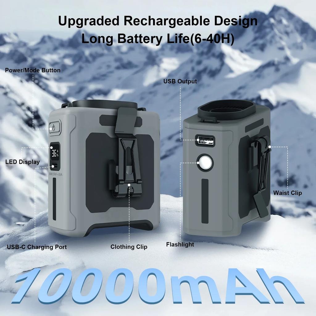 Портативный поясной вентилятор 10000 мАч с функцией Power Bank, светодиодной подсветкой, шейный вентилятор с 5 скоростями, мощным воздушным потоком, охлаждающий вентилятор для работы на открытом воздухе
