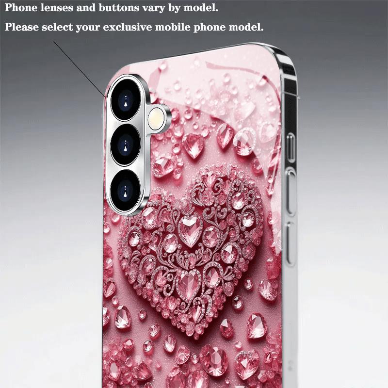Позолоченный чехол для телефона из закаленного стекла, совместимый с Galaxy S26 S25 S24 S23 S22 Ultra Plus. Имеет дизайн в виде розового сердца с драгоценным камнем.