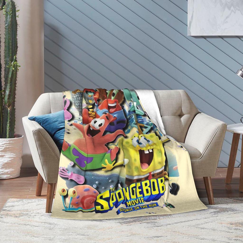 Cartoon SpongeBob SquarePants Movie Group Poster Blankets Flannel Novelty Breathable Throw Blankets for Home Restaurant Winter