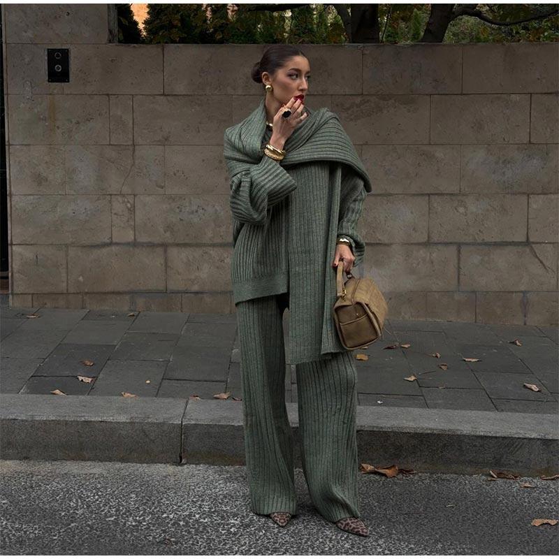Свободные трикотажные женские комплекты с V-образным вырезом, длинным рукавом, шарфом, пуловером, длинными брюками, трикотажный женский костюм, осенне-зимние повседневные женские костюмы
