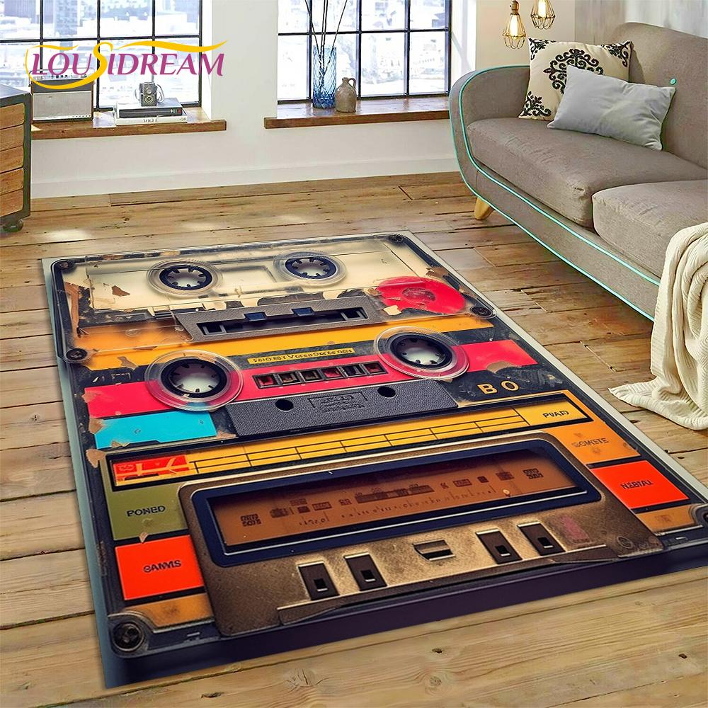 Retro Music Cassette Tape CD Design Area Rug–Non-Slip Carpet for Bedroom Living Room | Home Sofa Decor, Vintage Audio Floor Mat