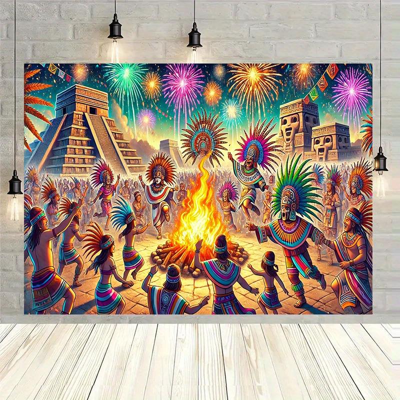 Mexican Aztec festival background wall hanging fabric studio decoration fabric multi-functional room banner decoration