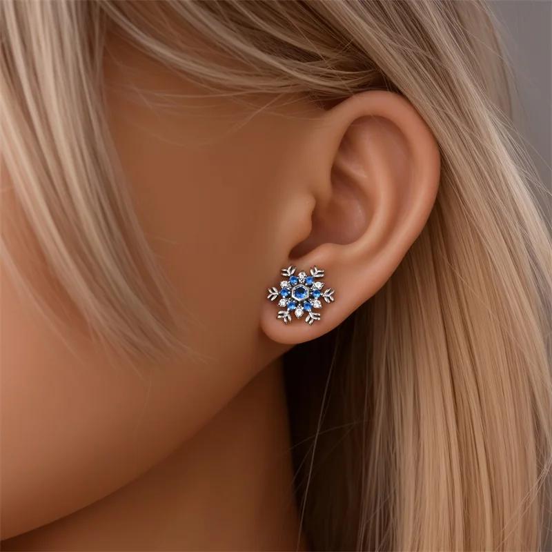Women's Romantic 925 Silver Snowflake Star Shining Zircon Christmas Winter Earrings Fit Wedding Party Exquisite Jewelry