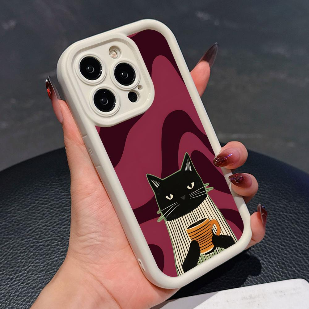 Cute Coffee Cat Thicken TPU Mobile Phone Case for iPhone 17 16 15 14 13 12 11 Air Pro Max Plus Colorful Cover