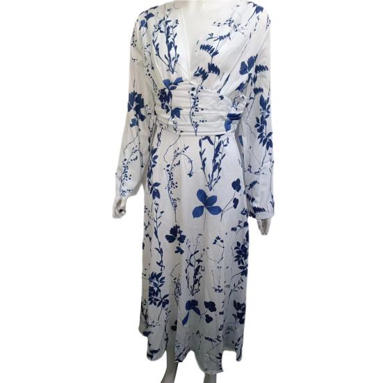 Women Elegant Floral Print Maxi Dress V-neck Waist Gown Long Sleeve High Dress A-Line Long Dress Streetwear