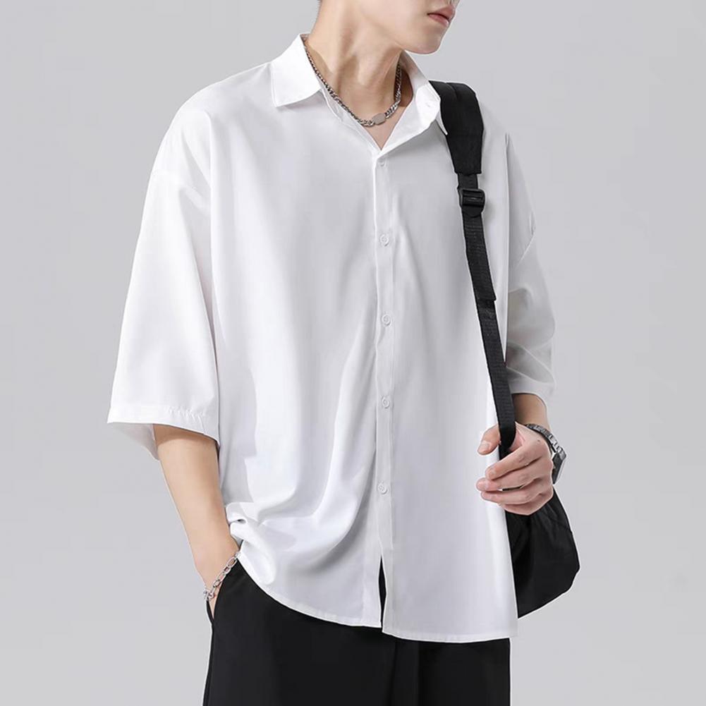Men Spring Top Men's Casual Loose Fit Ice Silk Shirt with Turn-down Collar Half Sleeves Stylish Button-up Top for School Dating
