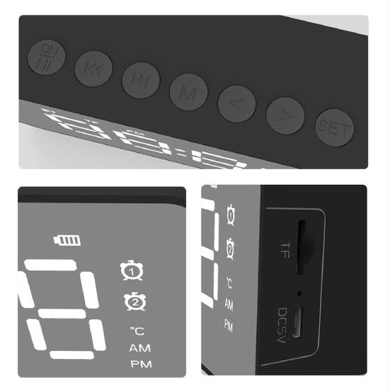 Q6 Bluetooth-compatible 5.0 Wireless Rechargeable Stereo Speaker Radio Alarm Clock Mirror
