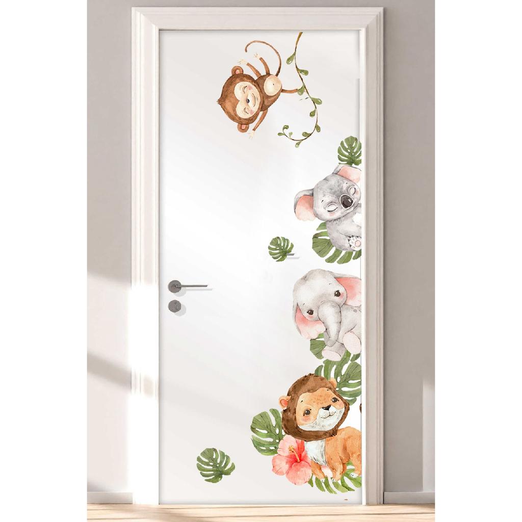 - Door Sticker - Watercolor Tropical Safari Animals Kids Room Door Sticker Set