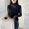 Осень Зима Воротник-стойка Двухслойная Кружевная Футболка Женская Длинный Рукав Жаккардовая Универсальная Базовая Футболка Топ