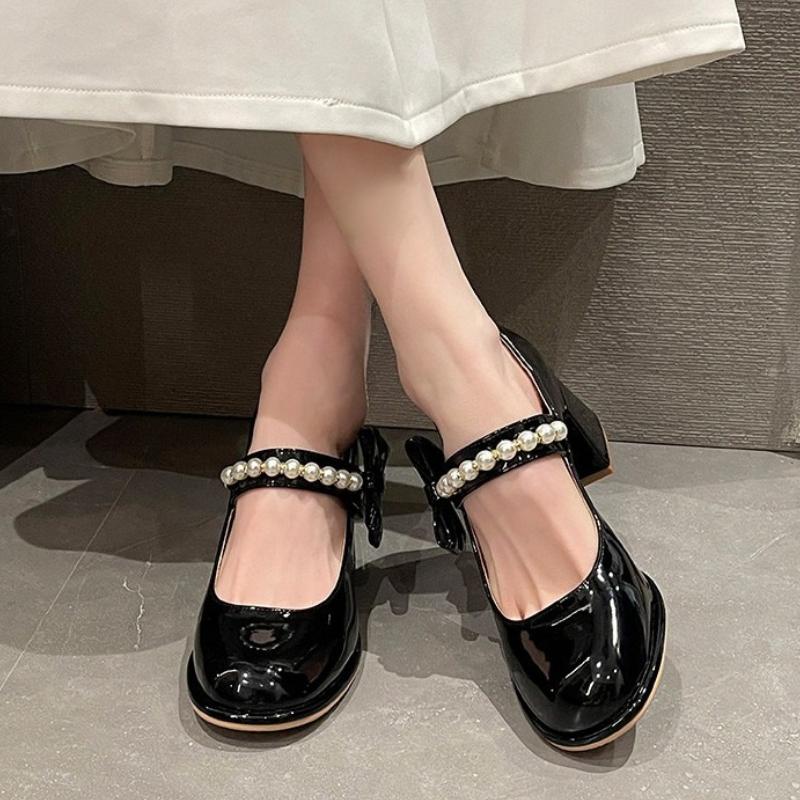 Мода 2025 Новые Роскошные Туфли на Платформе с Бусинами и Бантом для Свадьбы и Свиданий Весенние Женские Туфли Мэри Джейн Лодочки с Круглым Носком и Блочным Каблуком